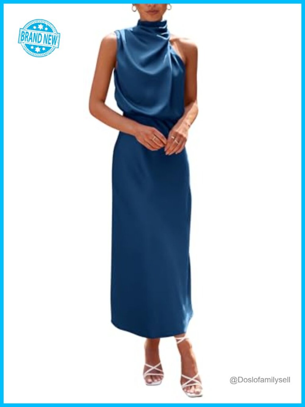 Satin Maxi Dress Mock Neck Sleeveless Fit Flare Cocktail Party Formal